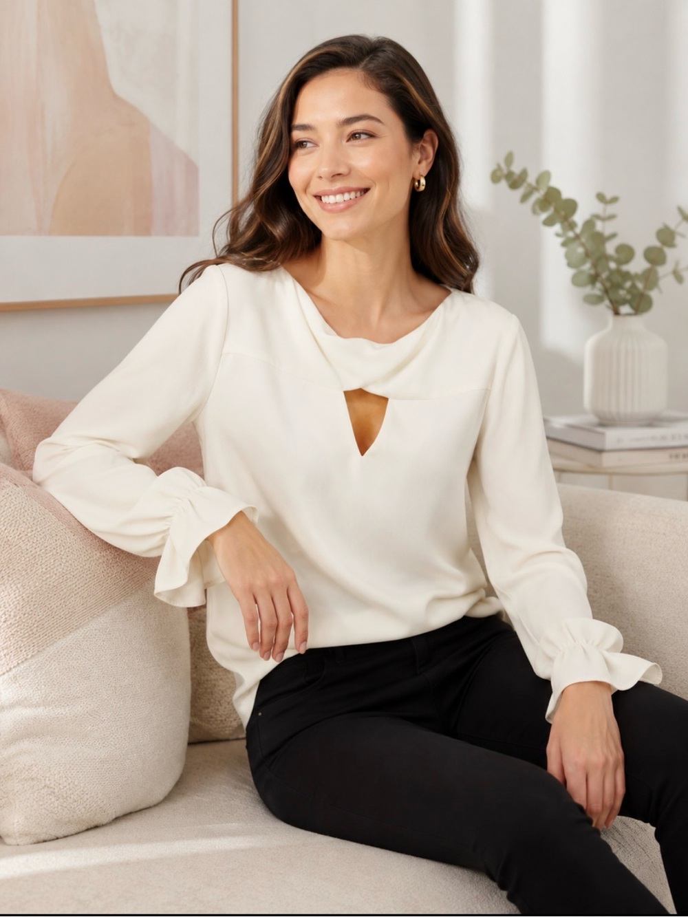 Trina Turk Ivory Akayo Keyhole Long Sleeve Blouse Size Large
